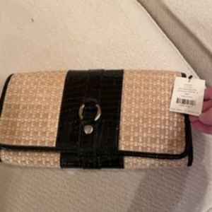 Cole Haan Summer Analisa Straw Clutch with Black Patent time and silver detail